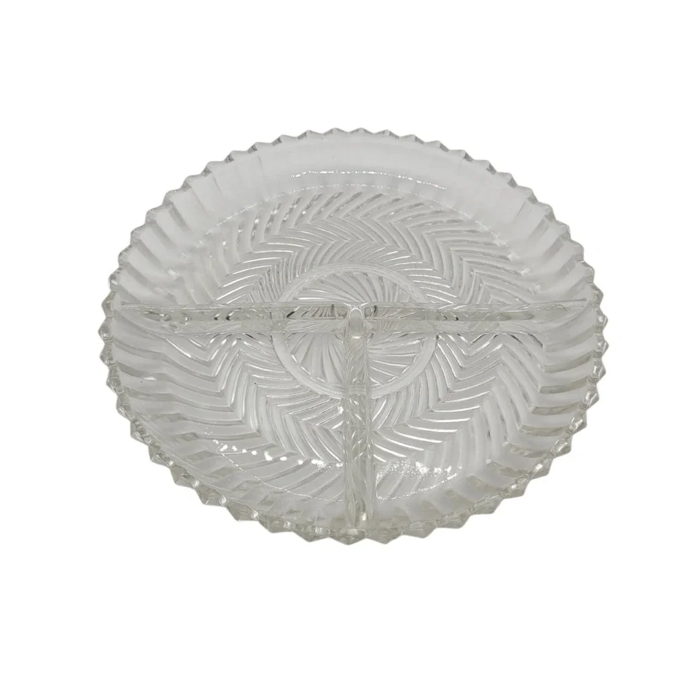 Vintage Clear Pressed Glass Divided Relish‎ Dish Herringbone Scalloped Rim 7